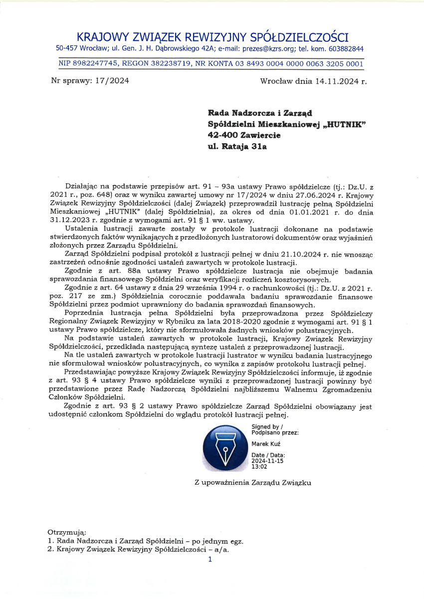 List polustracyjny z lustracji pełnej Spółdzielni Mieszkaniowej "HUTNIK" w Zawierciu za lata 2021-2023